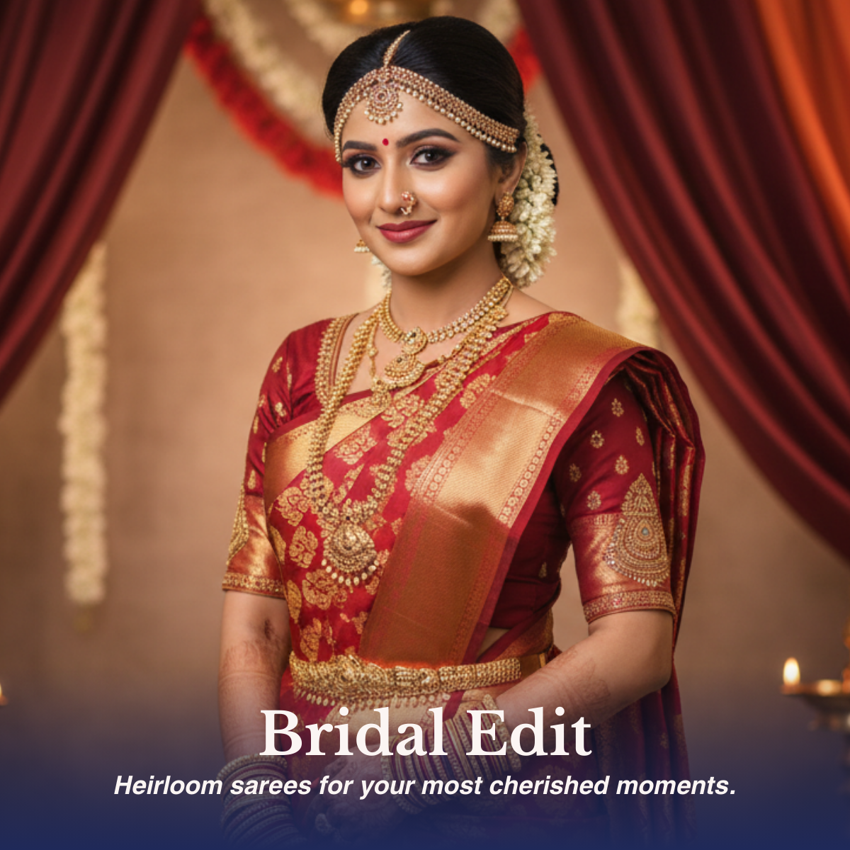 Bride wearing a traditional red silk saree from the Bridal Edit wedding collection