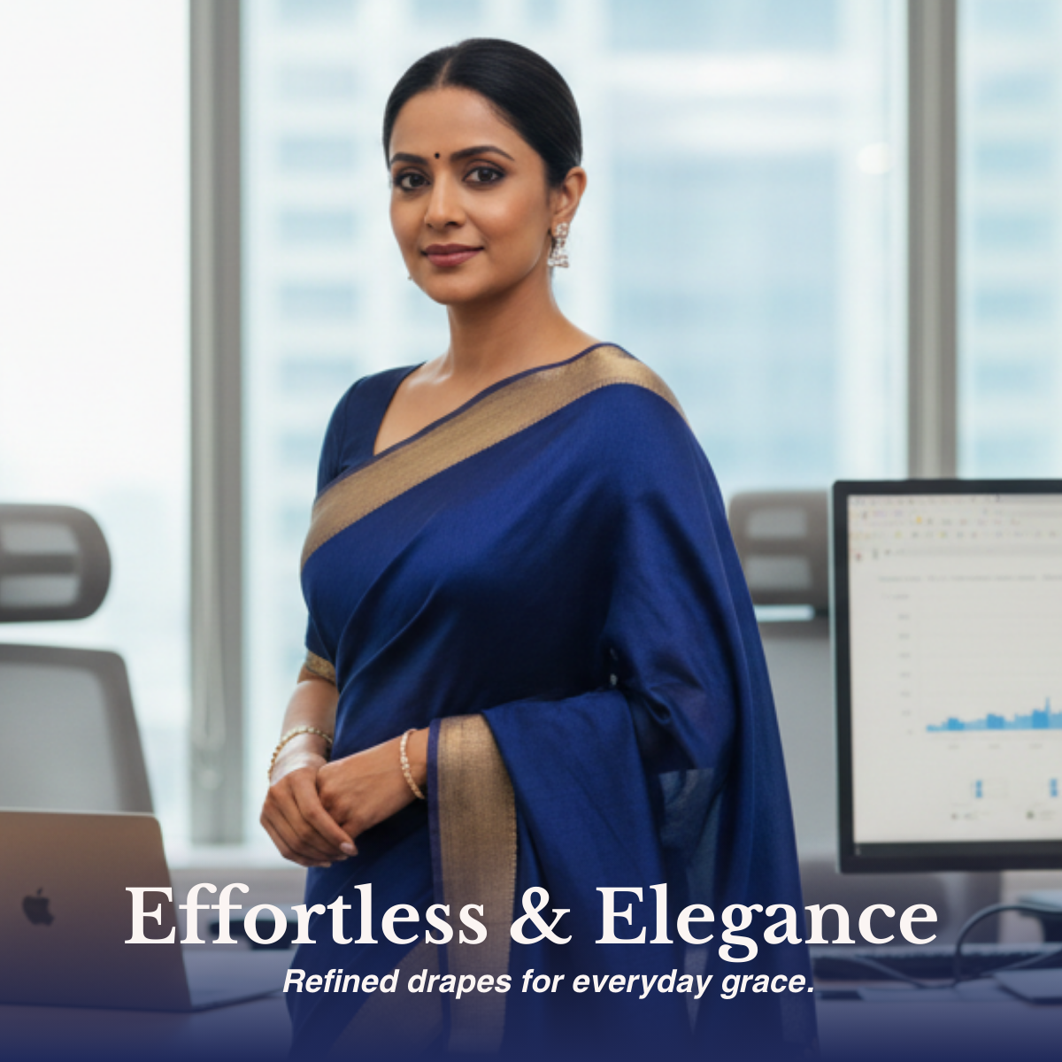 Woman wearing an elegant blue saree for office wear from the Effortless & Elegance collection