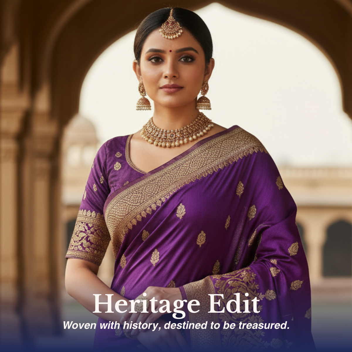 Woman wearing a traditional red heritage silk saree from the Heritage Edit collection