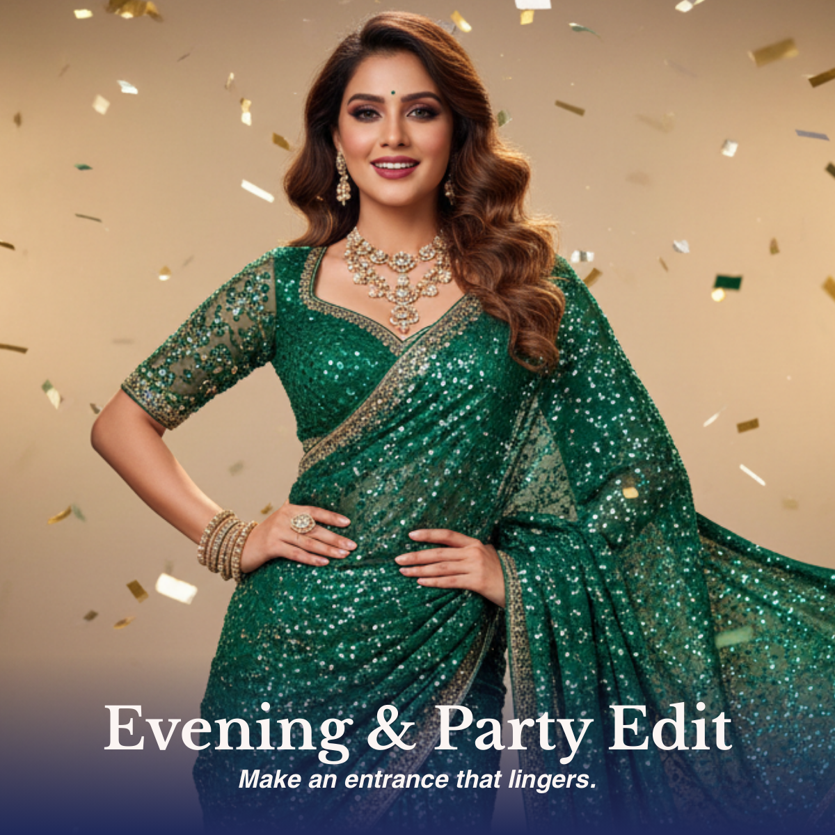Woman in shimmering green party wear saree from the Evening & Party Edit