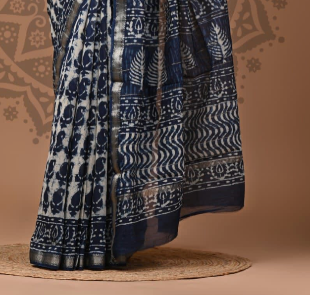 Blue and white patterned fabric draped over a stand on a brown background