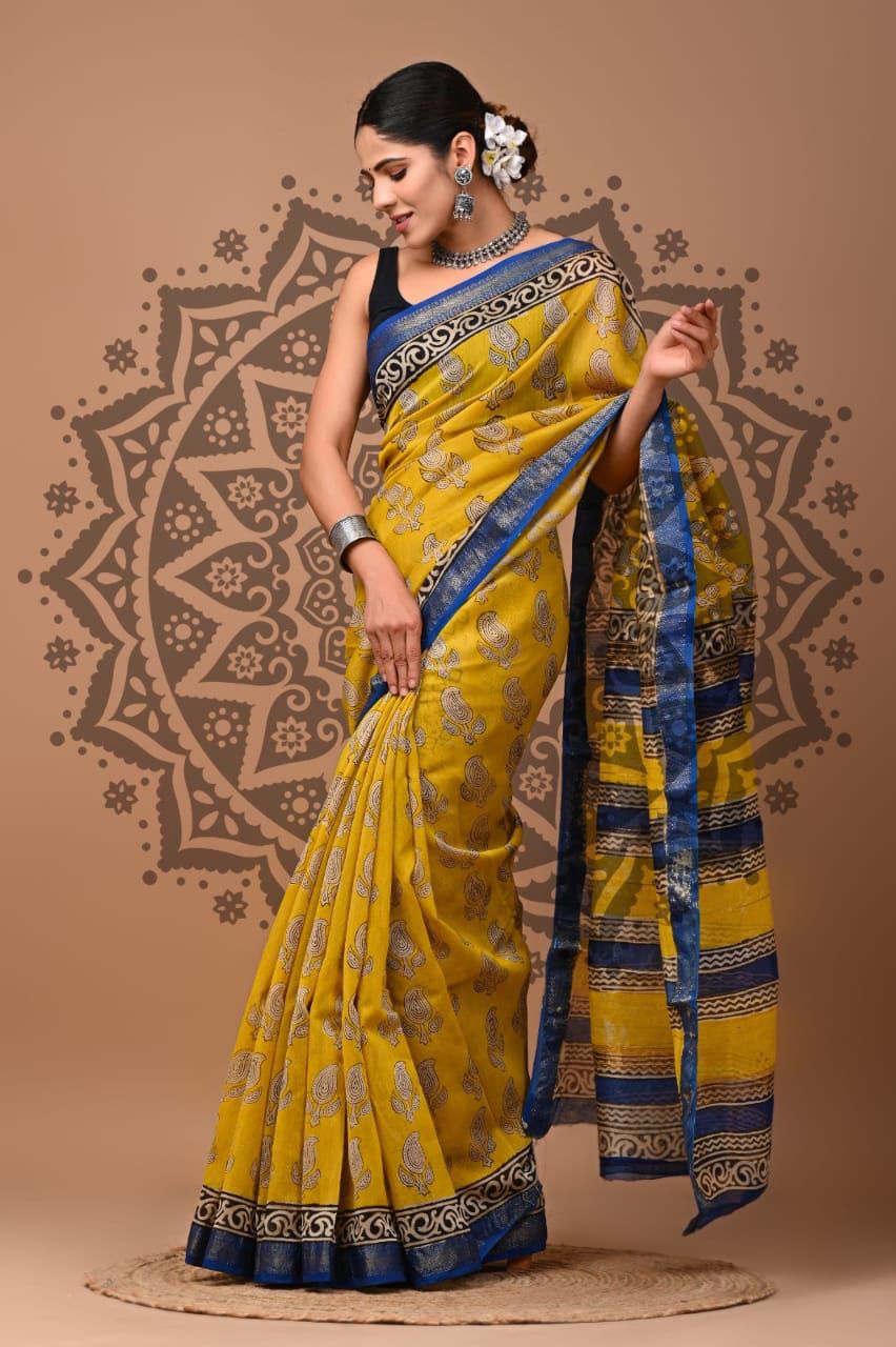 Woman wearing a yellow and blue saree with a decorative background