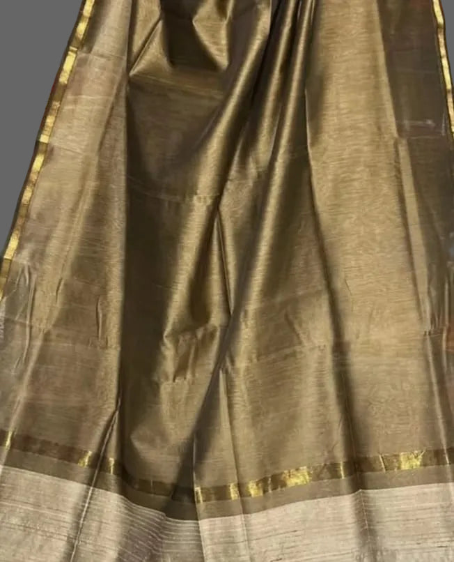 Brown saree with gold border on a plain background