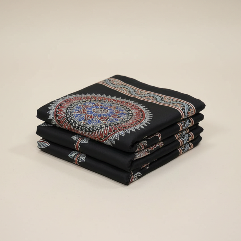 Folded black ajrakh saree with handblock prints