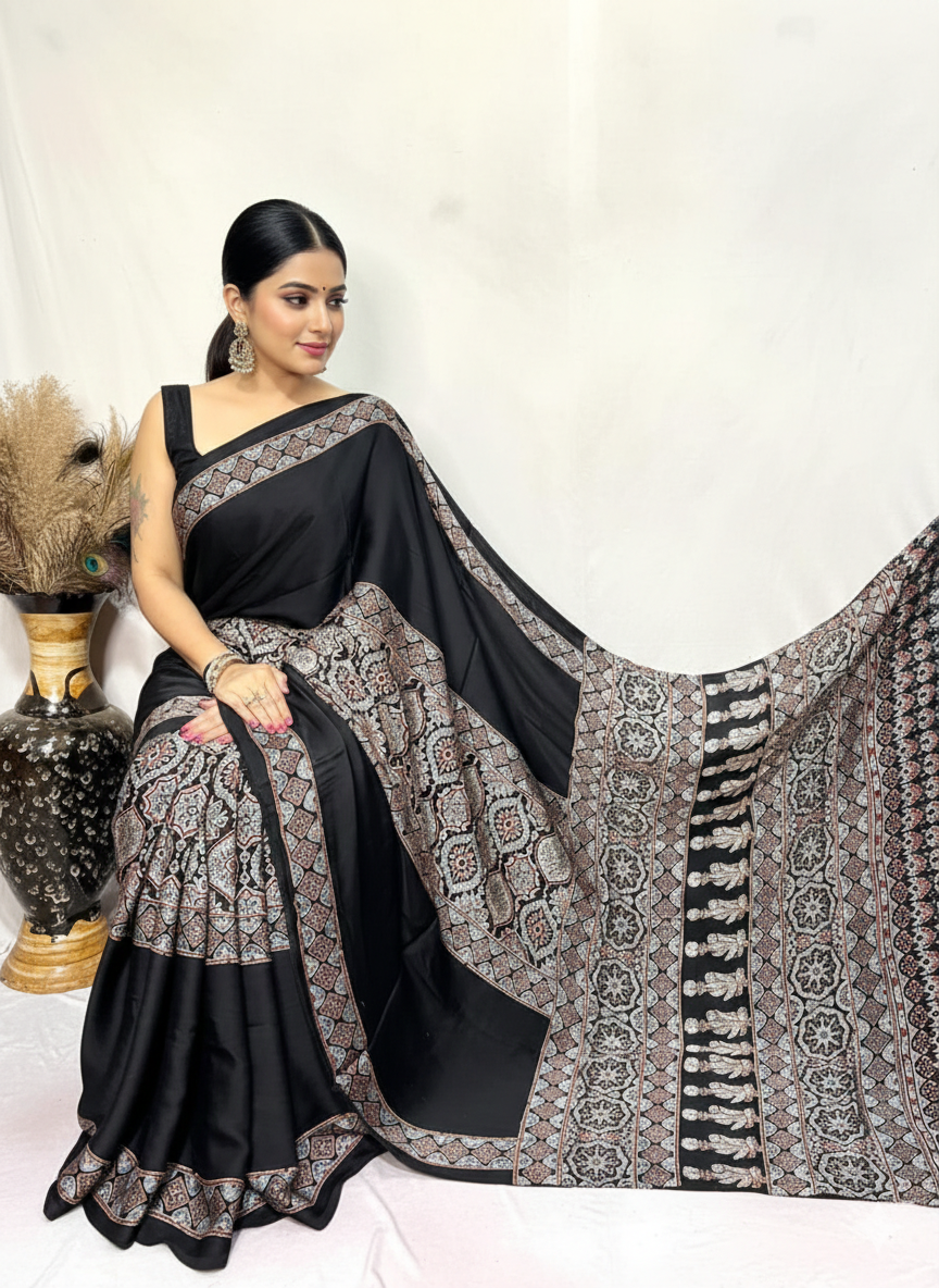 Black handblock print modal silk ajrakh saree