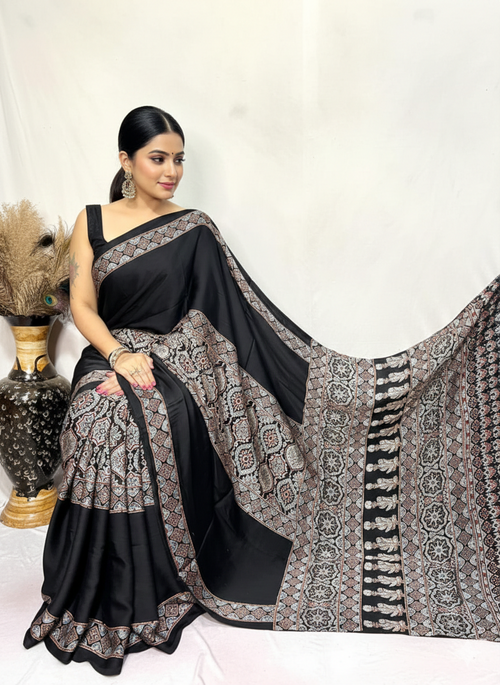 Black handblock print modal silk ajrakh saree