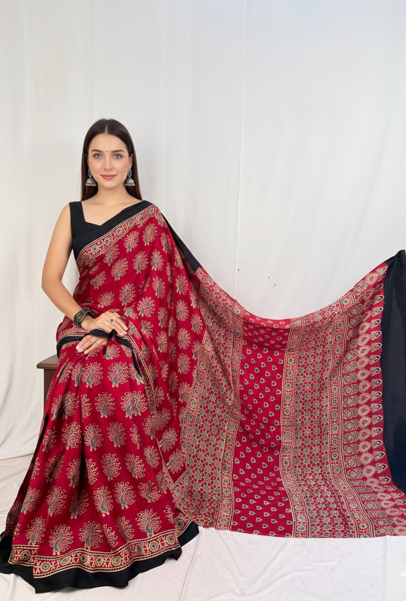 Woman wearing a red and black saree with a white background