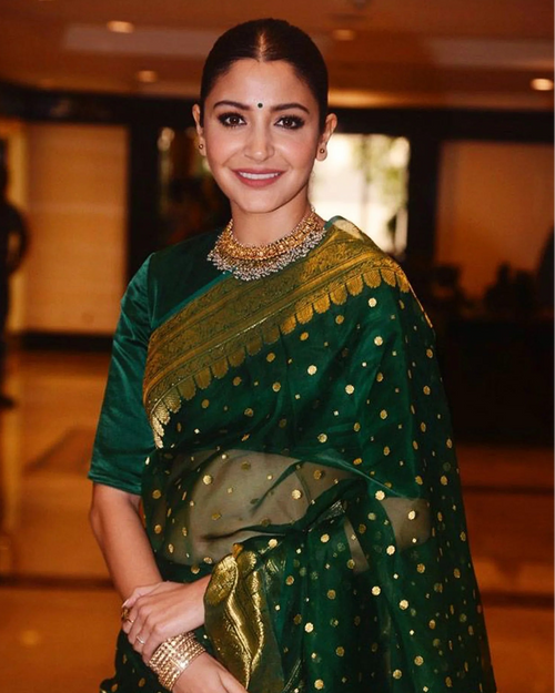 Anushka Sharma inspired green Chanderi handloom Katan silk saree with gold zari buti and designer border
