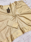 Beige Soft Semi Banarasi Silk Saree featuring all-over self-weaving motifs, a contrasting gold-toned patterned pallu, woven satin border and matching contrast silk blouse piece.