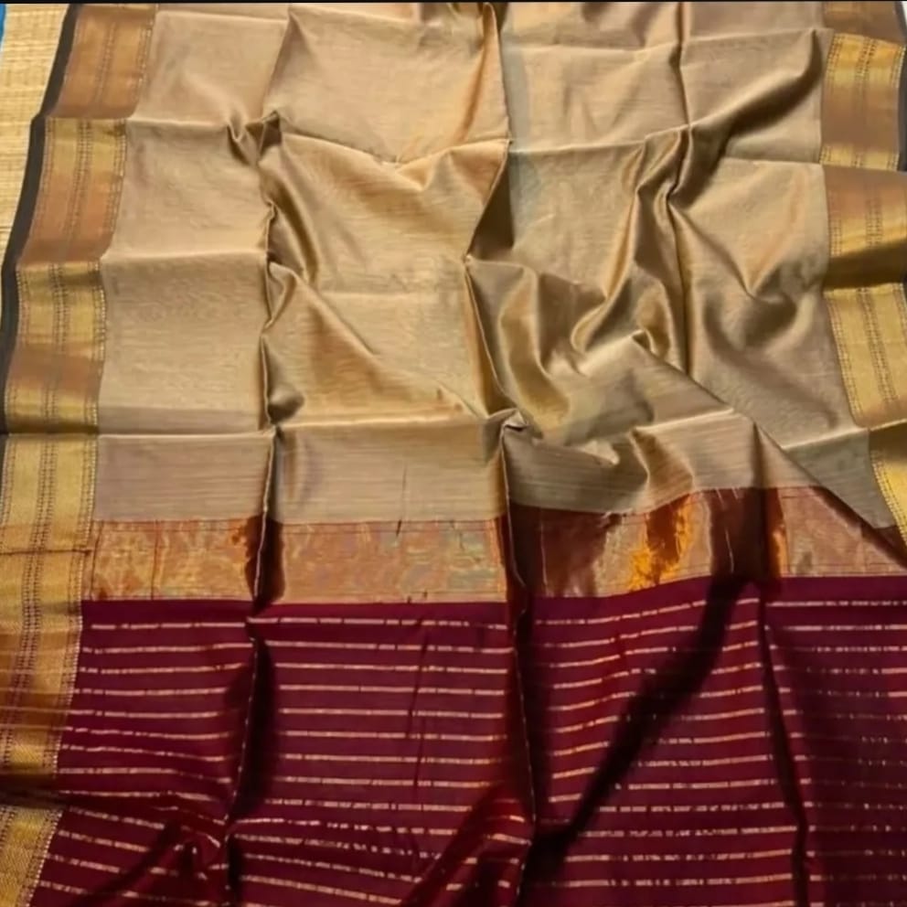 Saree with a checkered pattern in beige, brown, and red.