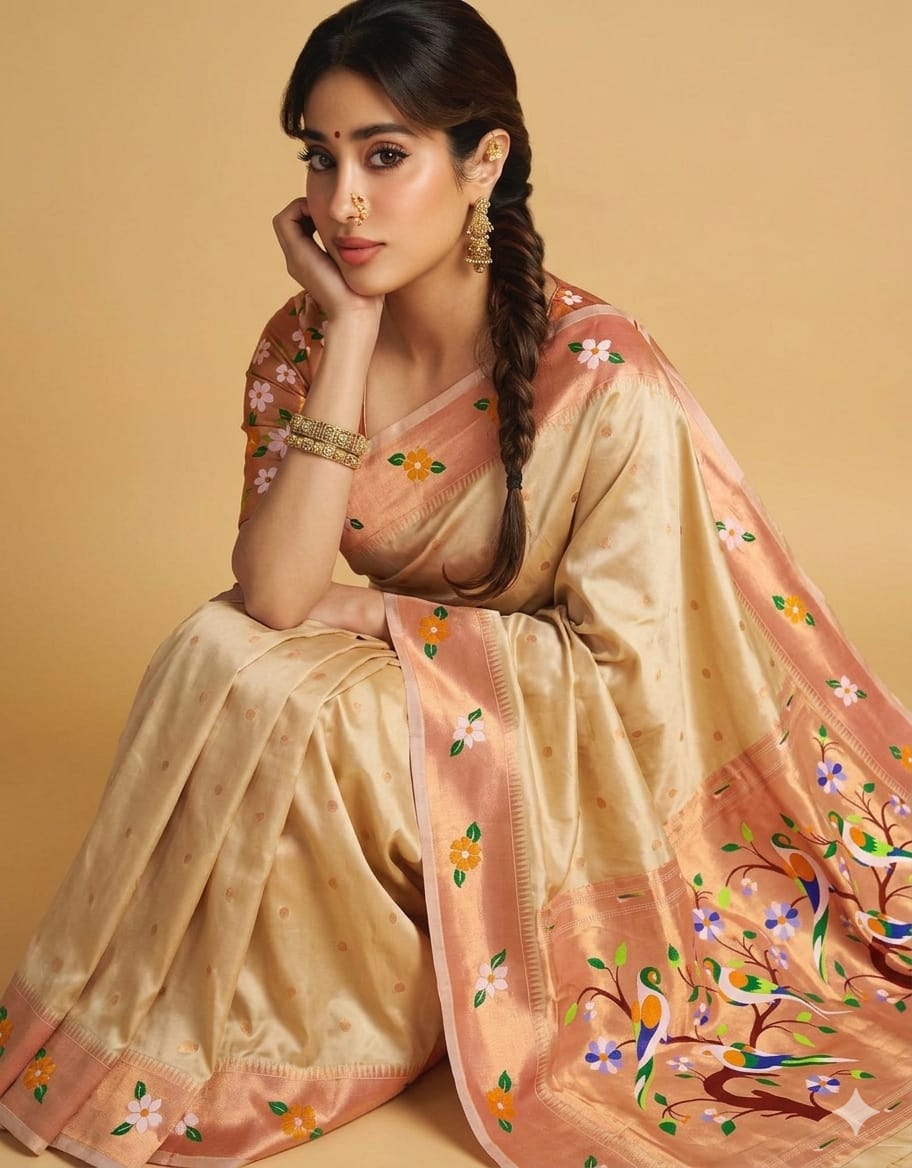 Woman wearing a traditional saree with intricate designs on a beige background