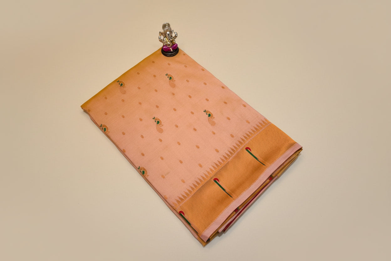 Brown saree with floral patterns on a light fabric background