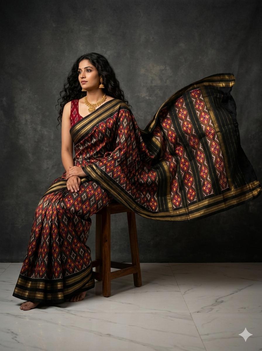 Woman in a traditional saree sitting on a stool against a dark background