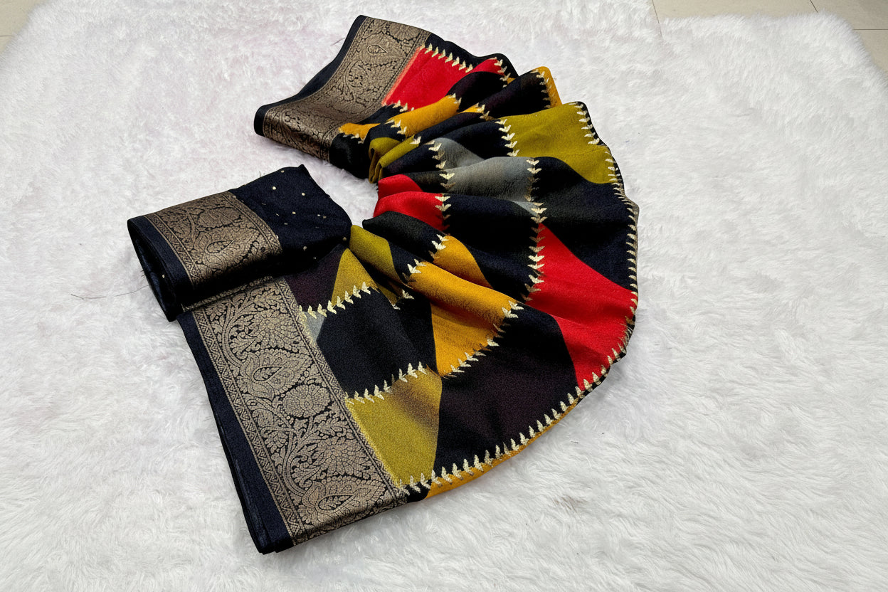 Colorful patterned fabric with embroidered border on a textured white background