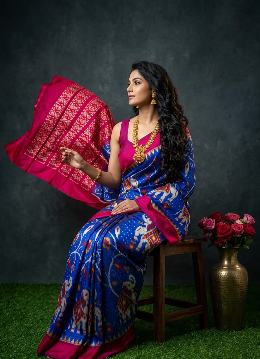 Woman in a blue and pink saree sitting on a stool with a dark background