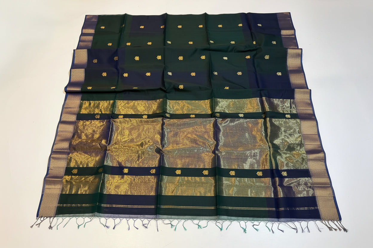 Traditional saree with a basket of flowers on a white background