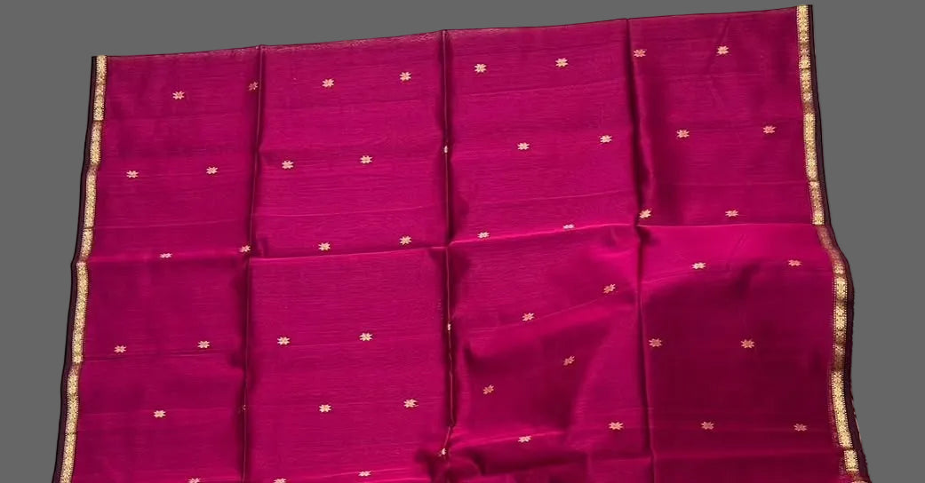 Pink saree with gold border on a white floor