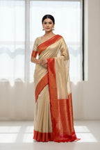 Chanderi saree with a red border on a white background