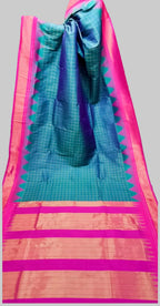 Collage of a blue and pink saree with a grid pattern, displayed in a store setting.