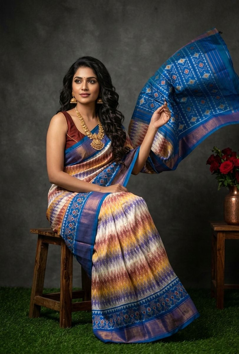 Woman in a colorful saree sitting on a stool with a dark background