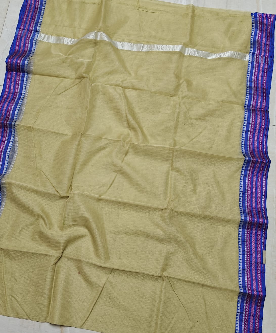 Beige saree with purple and blue border on a white background