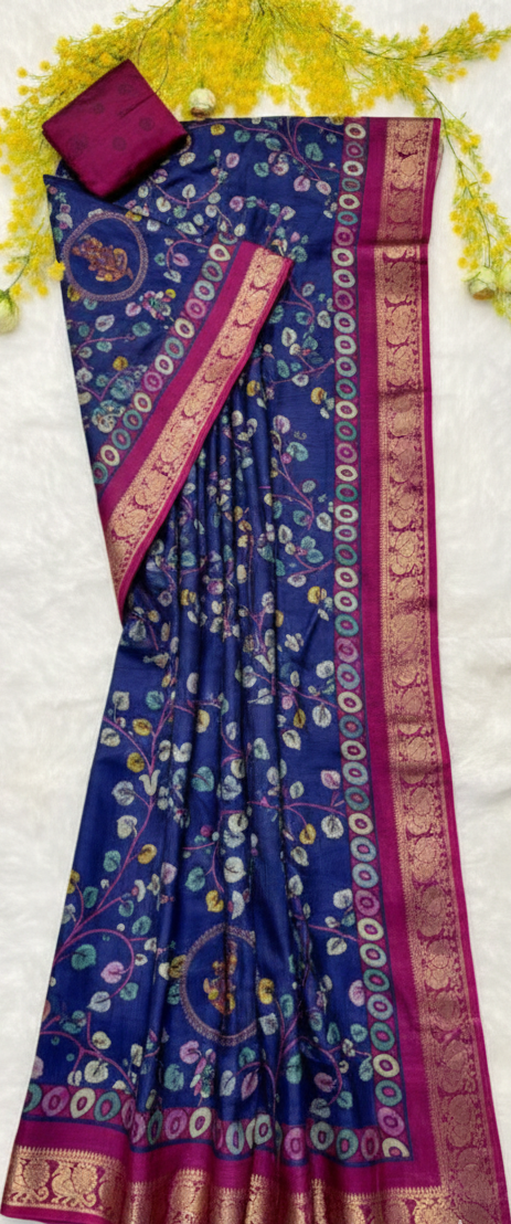 Blue saree with pink and gold border and floral patterns on a white background