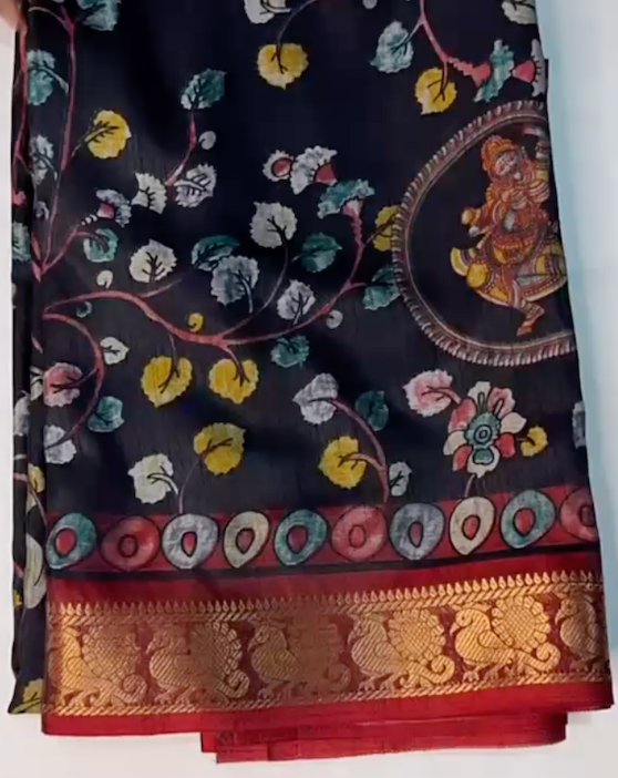 Decorative fabric with floral and circular patterns on a black background