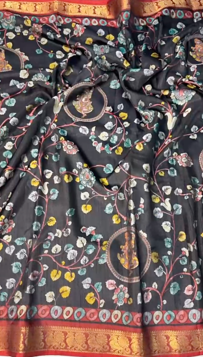 Close-up of a fabric with intricate floral and geometric pattern on a dark background