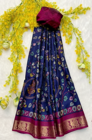 Royal Blue pen kalamkari saree with pink blouse