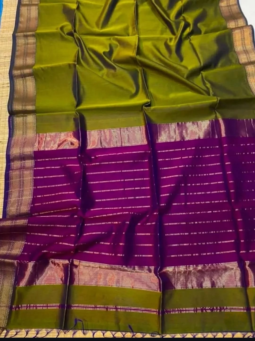Saree with green and purple patterns on a checkered background