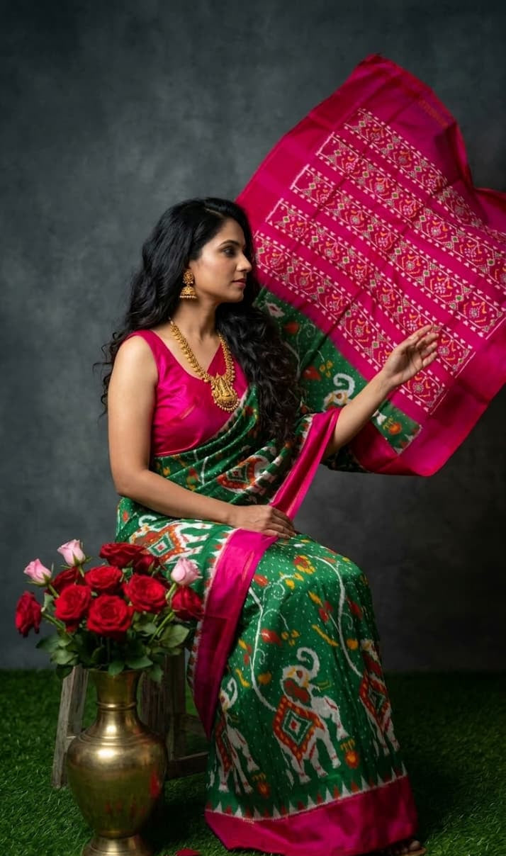 Woman in a green and pink saree holding a pink fabric with a dark background