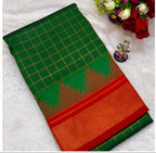 Green and orange saree with a grid pattern on a white background