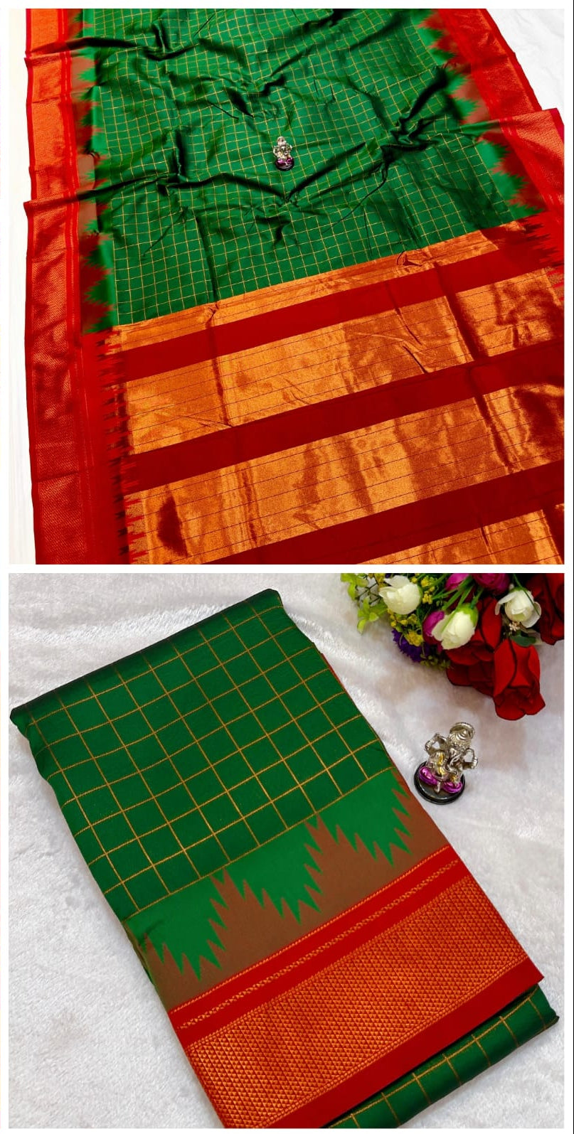 Green and orange saree with a grid pattern on a white background