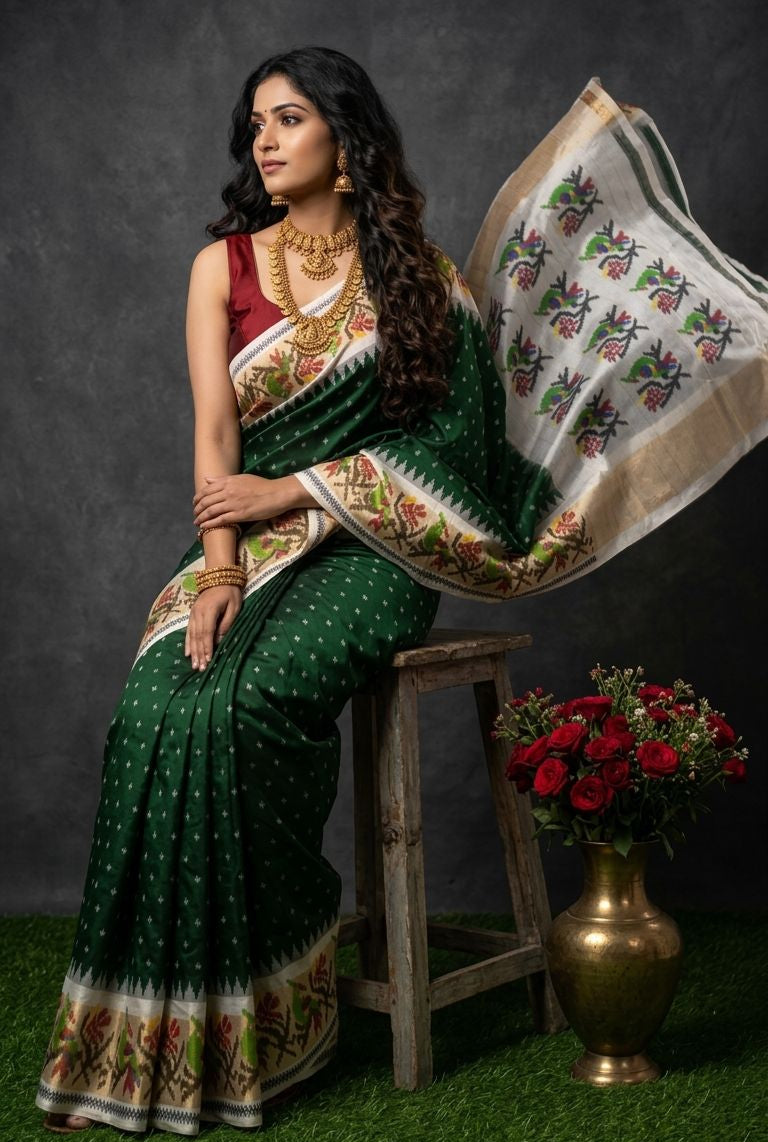 Woman in a green saree with a floral blouse, sitting on a stool with a dark background.