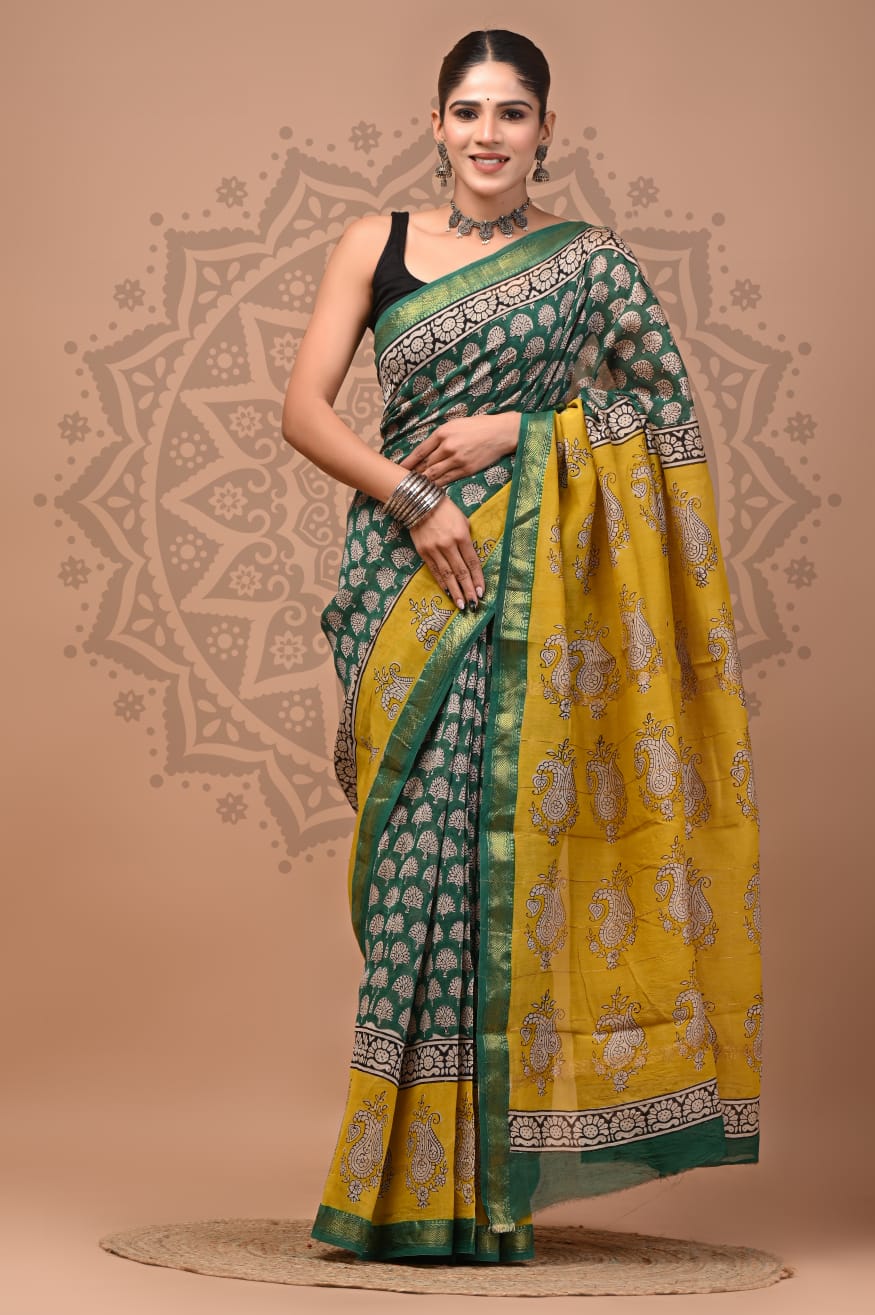 Woman wearing a green and yellow saree with a decorative background