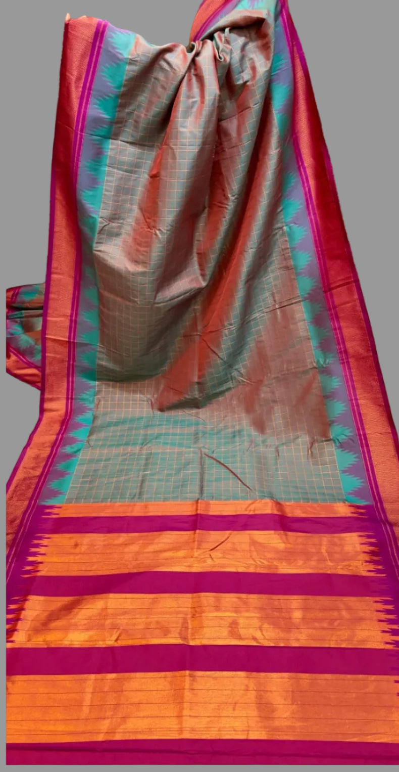 Collage of a saree with colorful stripes in orange, green, and purple.