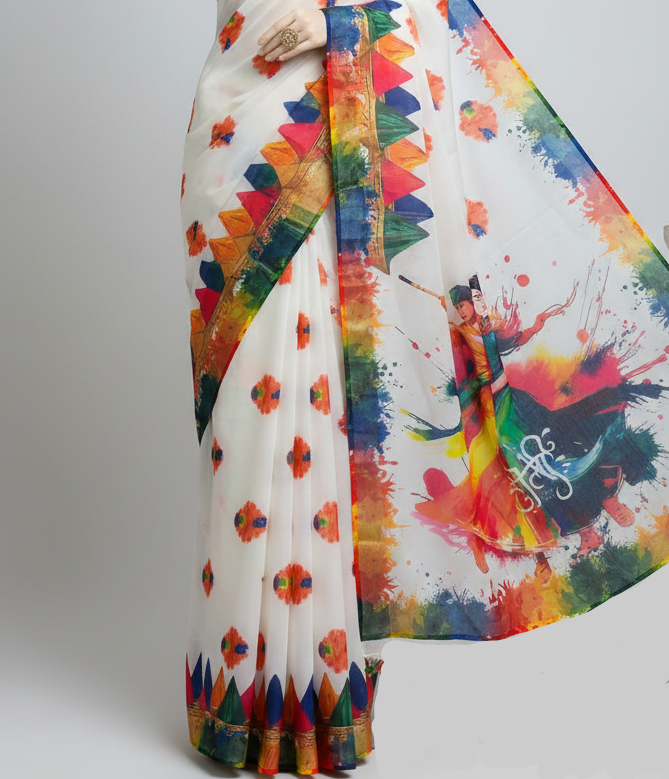 Woman wearing a colorful saree with a white background