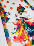 Colorful fabric with a dancer design and colorful border