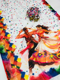 Colorful fabric with a painting of two dancers and confetti
