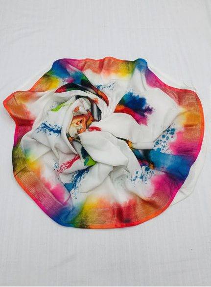Colorful tie-dye headbands and towel with artistic designs on a white background
