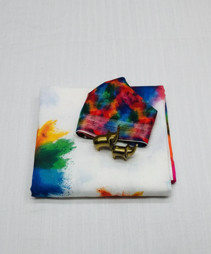 Colorful tie-dye headbands and towel with artistic designs on a white background