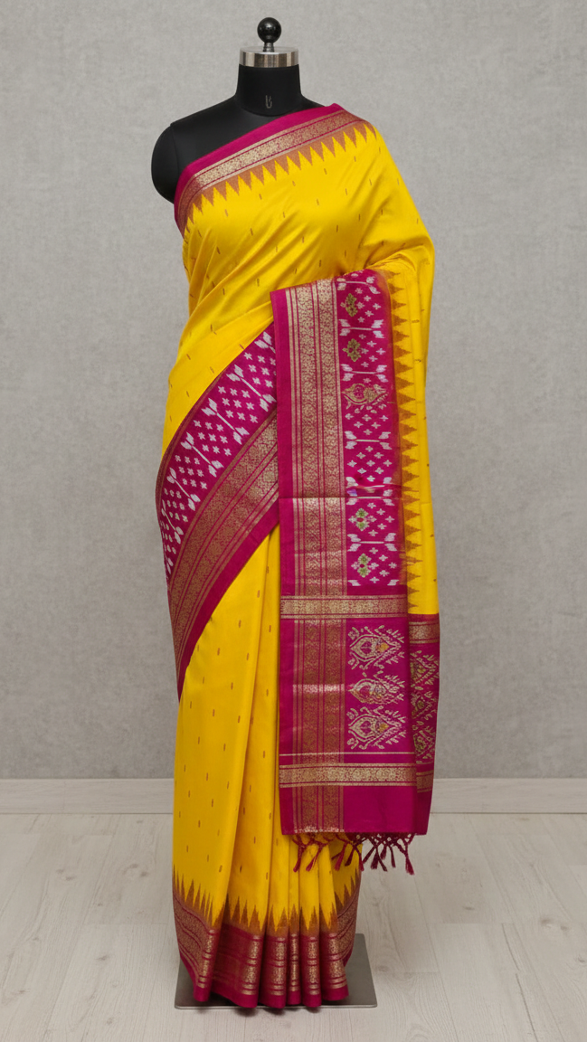 2 Yellow and pink saree with intricate patterns on a green background