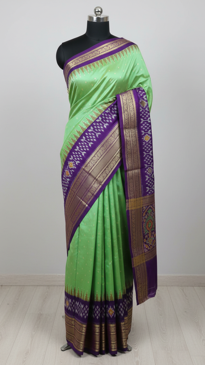 Green saree with purple and gold border on a mannequin against a white background