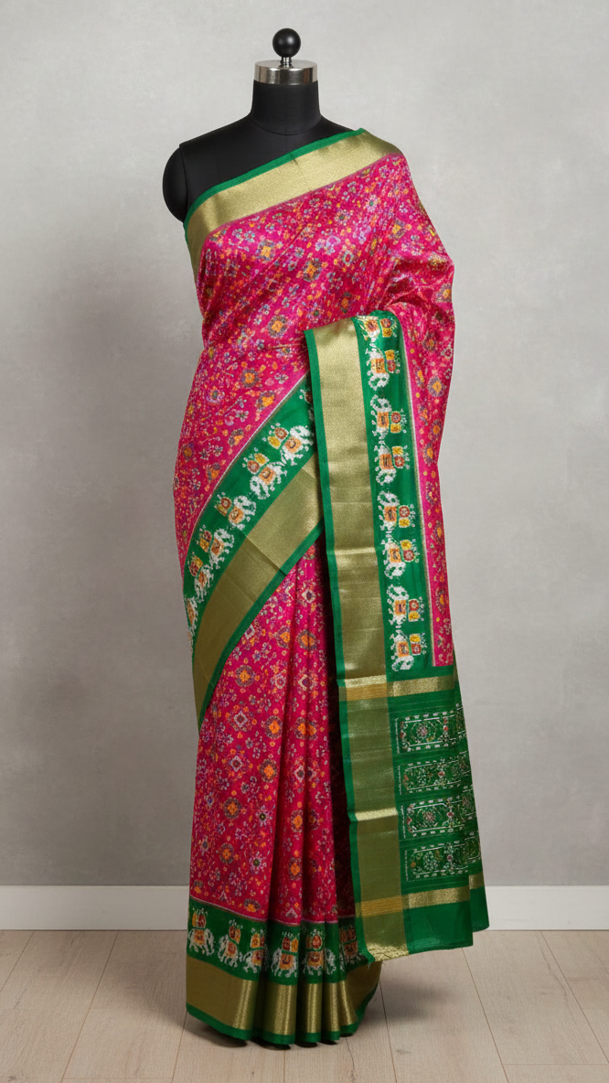 Pink saree with green border on a mannequin against a gray background