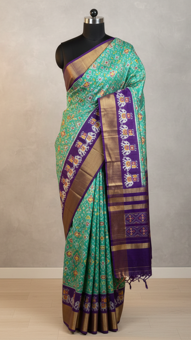 Saree with colorful patterns on a green, purple, and gold background