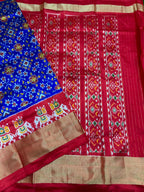 Royal blue ikkat silk saree with red border