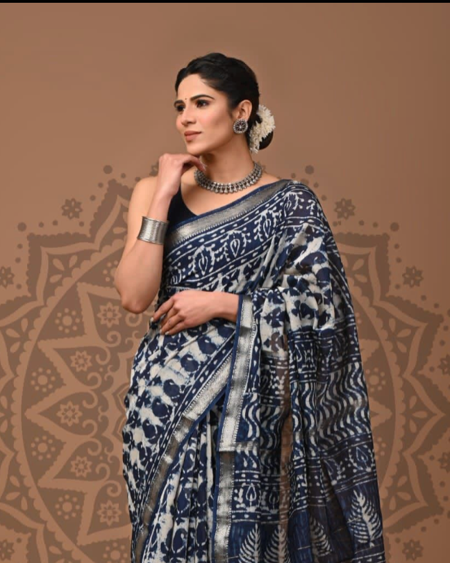 Woman wearing a blue and white saree with intricate patterns on a brown background