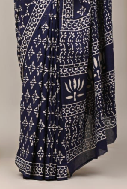 Navy blue fabric with white geometric patterns on a neutral background