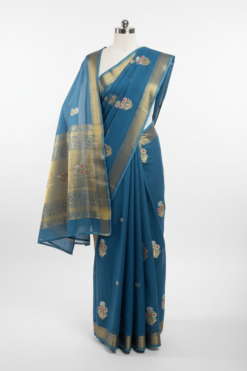 Blue saree with floral patterns and a gold border on a light gray background