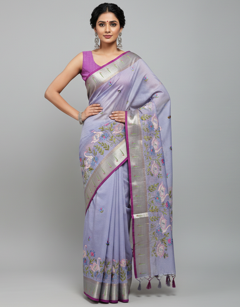 Woman wearing a light purple saree with floral patterns on a gray background